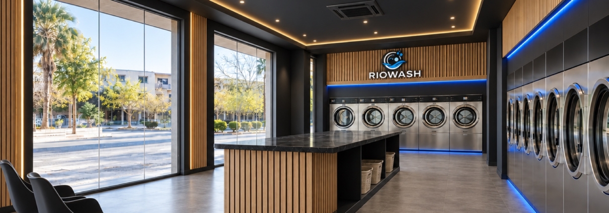 Interior de lavandería autoservicio Riowash con maquinaria profesional, madera y detalles de luz azul