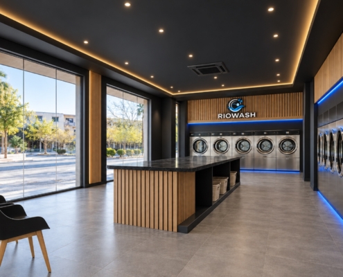 Interior de lavandería autoservicio Riowash con maquinaria profesional, madera y detalles de luz azul