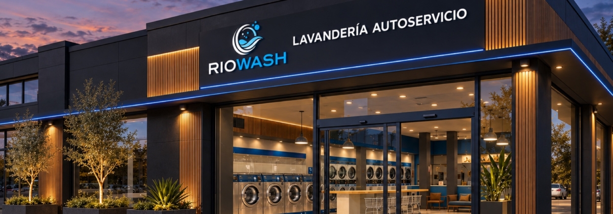 Fachada de lavandería autoservicio Riowash con acabados negros, madera e iluminación azul