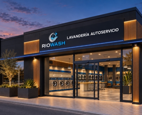 Fachada de lavandería autoservicio Riowash con acabados negros, madera e iluminación azul