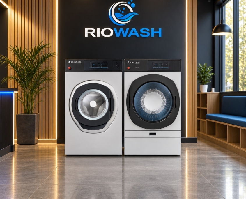 Conjunto de lavadora y secadora profesional en un espacio Riowash con madera y luz azul