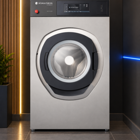 Lavadora profesional Schulthess proLine W130 de 14 kg con fondo negro, madera y luz azul