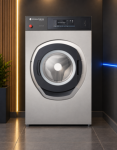 Lavadora profesional Schulthess proLine W160 en un espacio Riowash con madera y luz azul