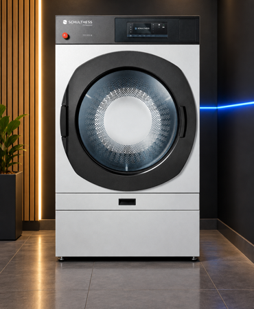 Secadora profesional Schulthess proLine D200 de 11 kg con fondo negro, madera y luz azul