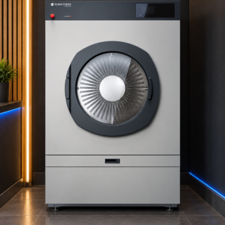 Secadora industrial Schulthess proLine D490 de 24 kg con fondo negro, madera y luz azul