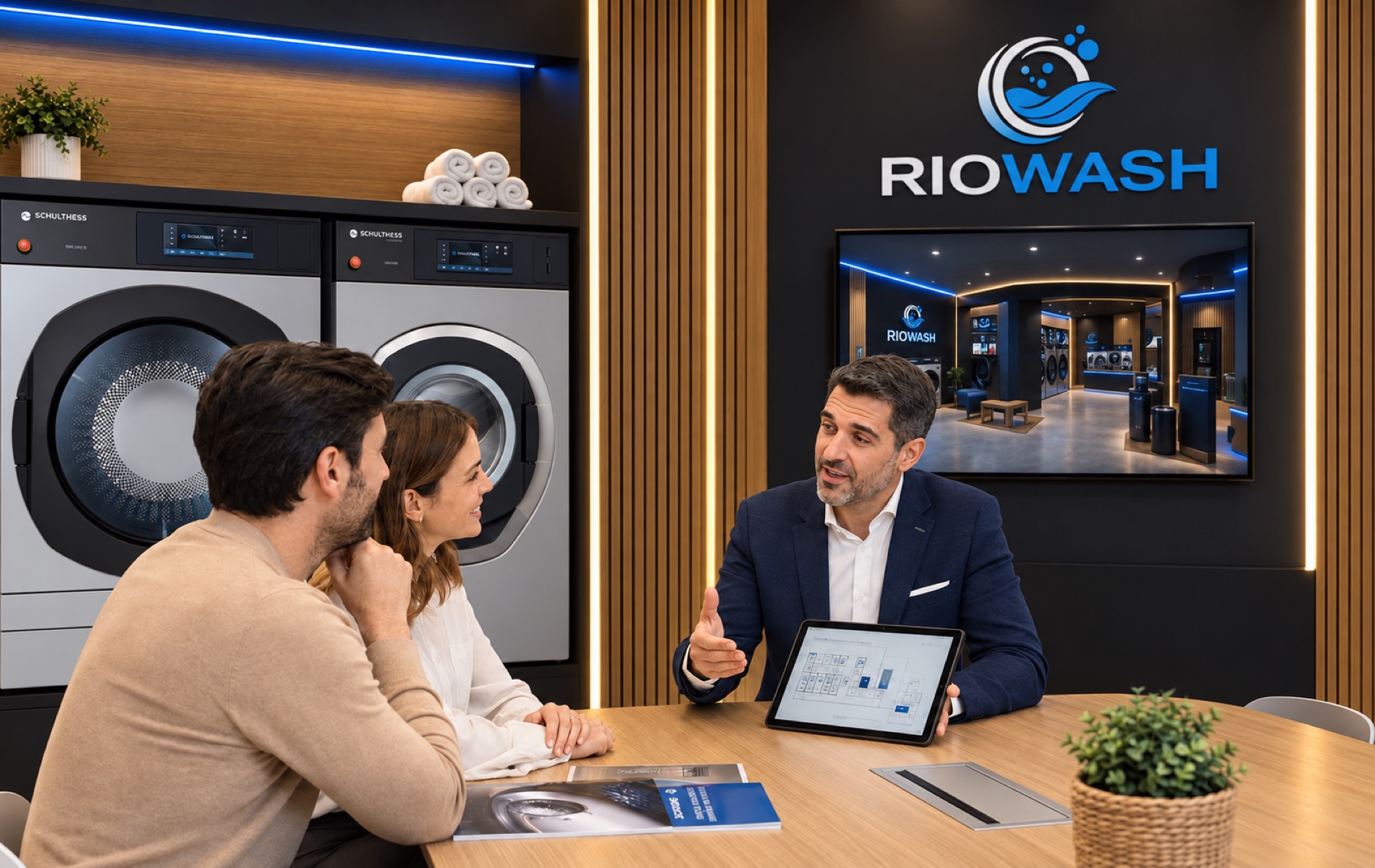 Asesoramiento para abrir una lavandería Riowash, con acabados negros, madera y luz azul